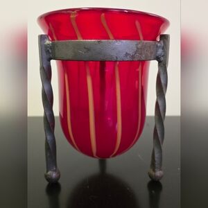 Artisan Red and Cream Glass Vase with Metal Stand